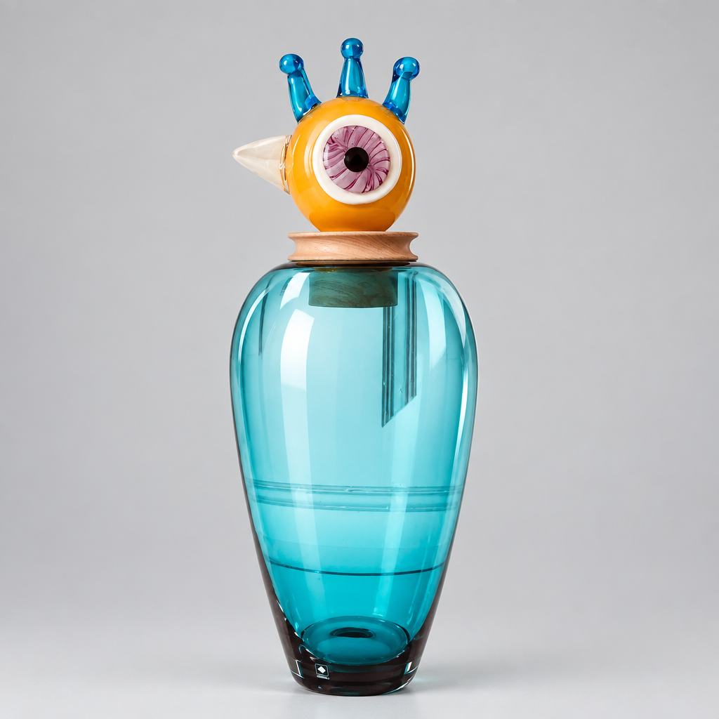 Leonardo 'Papageno Peppe' Glass Sculpture | Hand-Blown Teal Vase with Bird Head Stopper | 45cm
