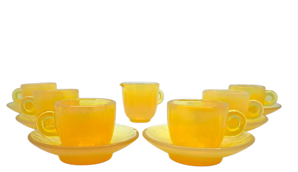 Vintage Murano Glass Coffee Set | Yalos | Opal Yellow Iridescent | 6 Cups, Saucers & Milk Jug | 1990s