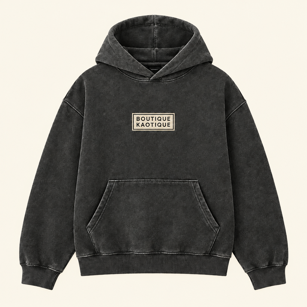 Charcoal hoodie with boutique kaotique on it 