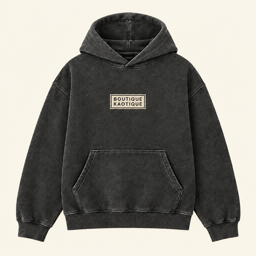Charcoal hoodie with boutique kaotique on it 