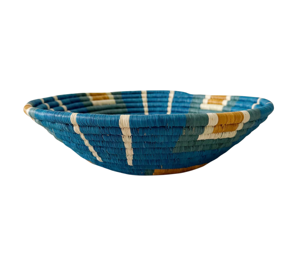 Handwoven Turtle's Back sweetgrass and raffia basket 12 inches, geometric woven pattern made by artisans in Gitarama Rwanda, dual use table bowl and wall art, Boutique Kaotique Home Edit