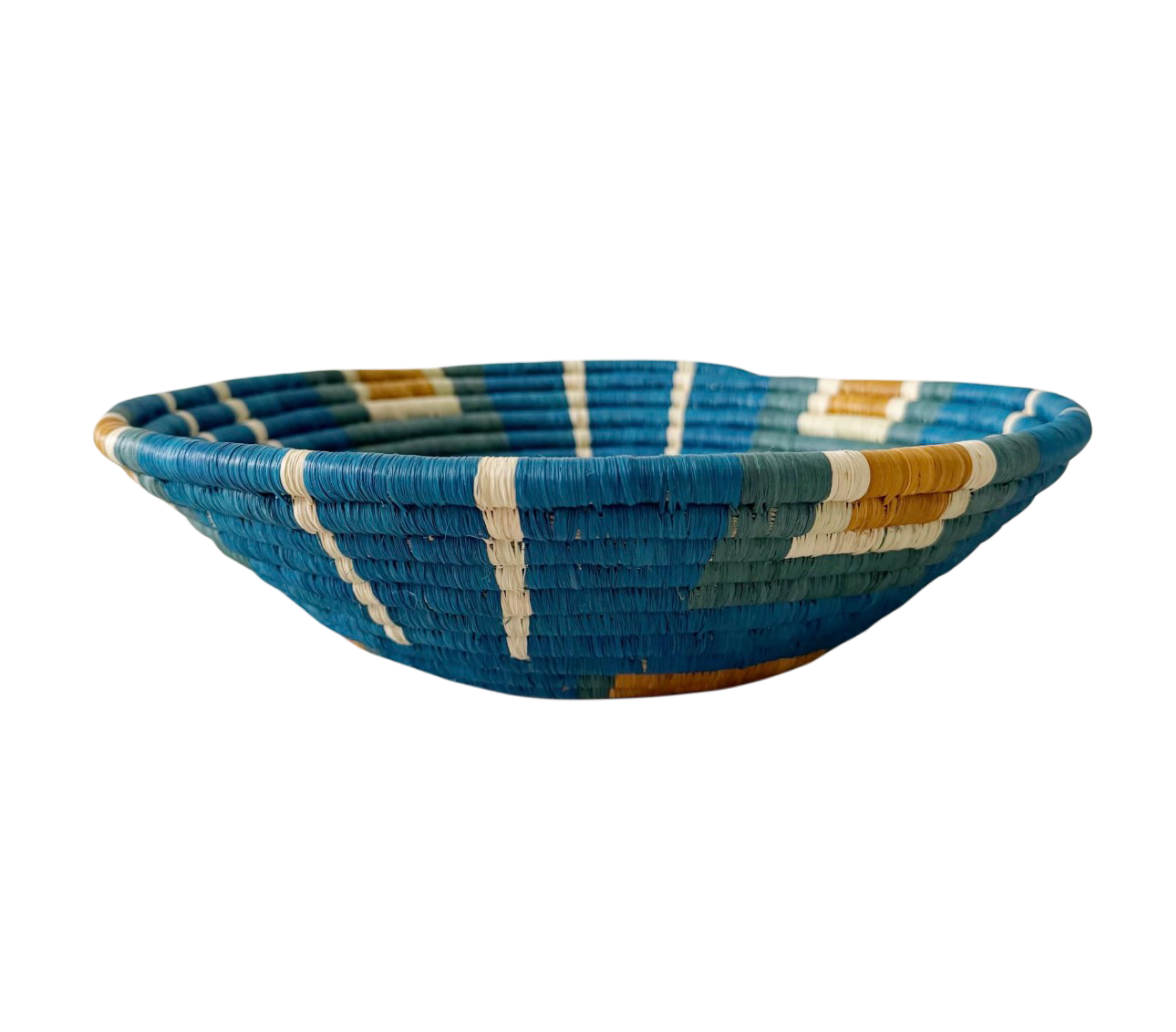 Handwoven Turtle's Back sweetgrass and raffia basket 12 inches, geometric woven pattern made by artisans in Gitarama Rwanda, dual use table bowl and wall art, Boutique Kaotique Home Edit
