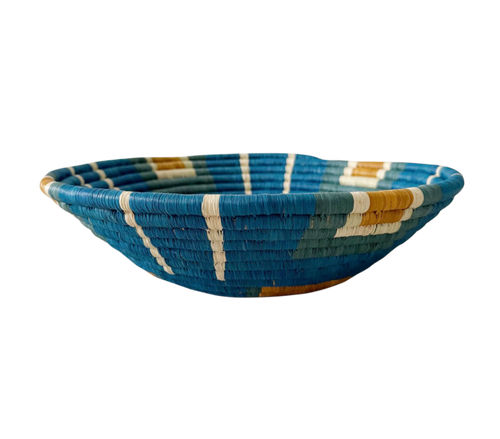 Handwoven Turtle's Back sweetgrass and raffia basket 12 inches, geometric woven pattern made by artisans in Gitarama Rwanda, dual use table bowl and wall art, Boutique Kaotique Home Edit
