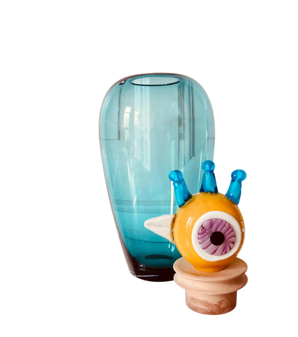 Leonardo 'Papageno Peppe' hand-blown glass sculpture, 45cm. Teal vase, amber bird head stopper with eye murrine & cobalt crown. Perfect condition. The Home Edit.