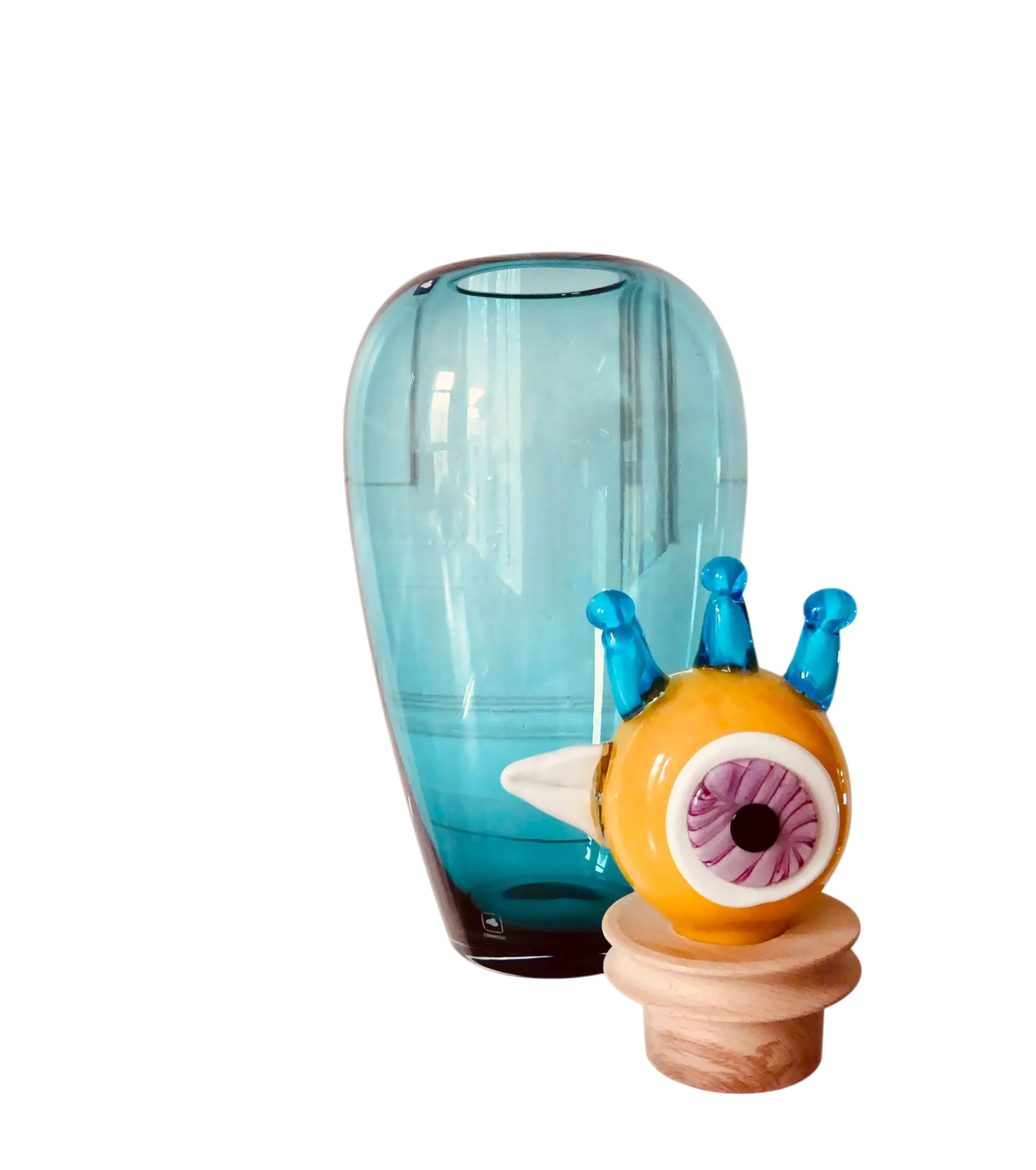 Leonardo 'Papageno Peppe' hand-blown glass sculpture, 45cm. Teal vase, amber bird head stopper with eye murrine & cobalt crown. Perfect condition. The Home Edit.