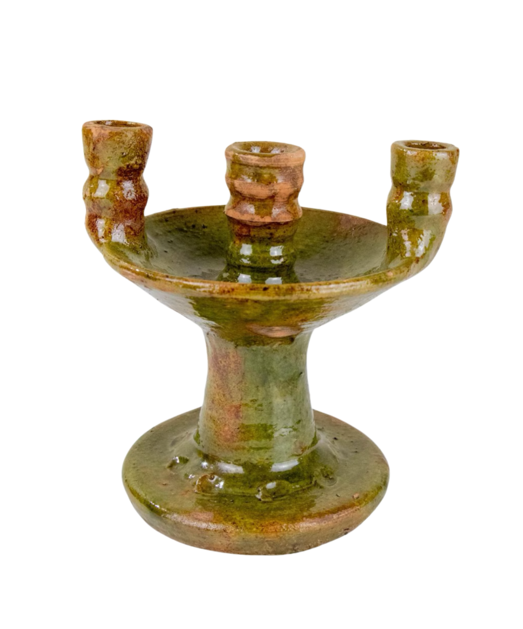 Handmade Tamegroute ceramic candlestick, 19cm. Distinctive Moroccan green glaze, one-of-a-kind. Part of The Home Edit by Boutique Kaotique.