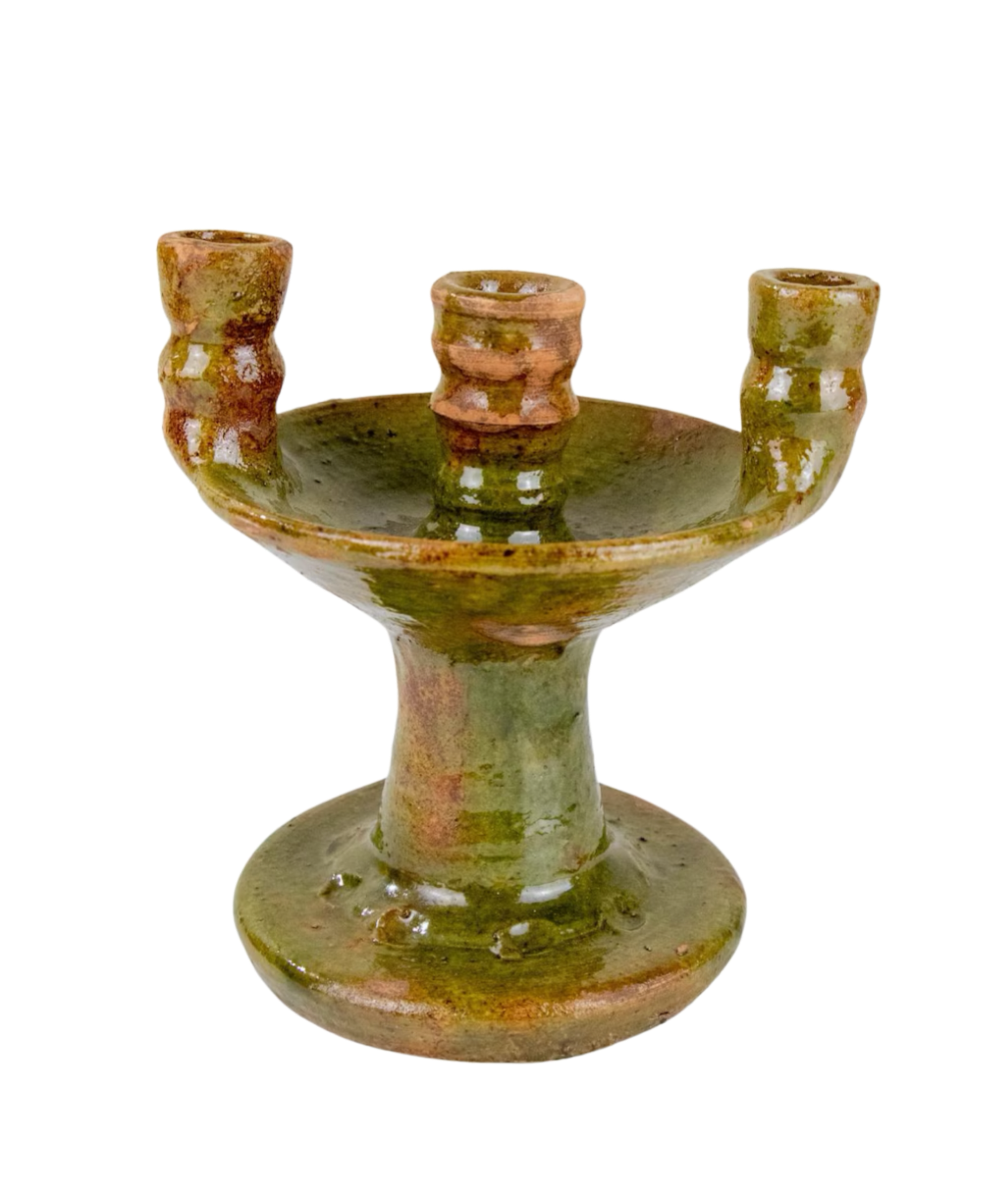 Handmade Tamegroute ceramic candlestick, 19cm. Distinctive Moroccan green glaze, one-of-a-kind. Part of The Home Edit by Boutique Kaotique.
