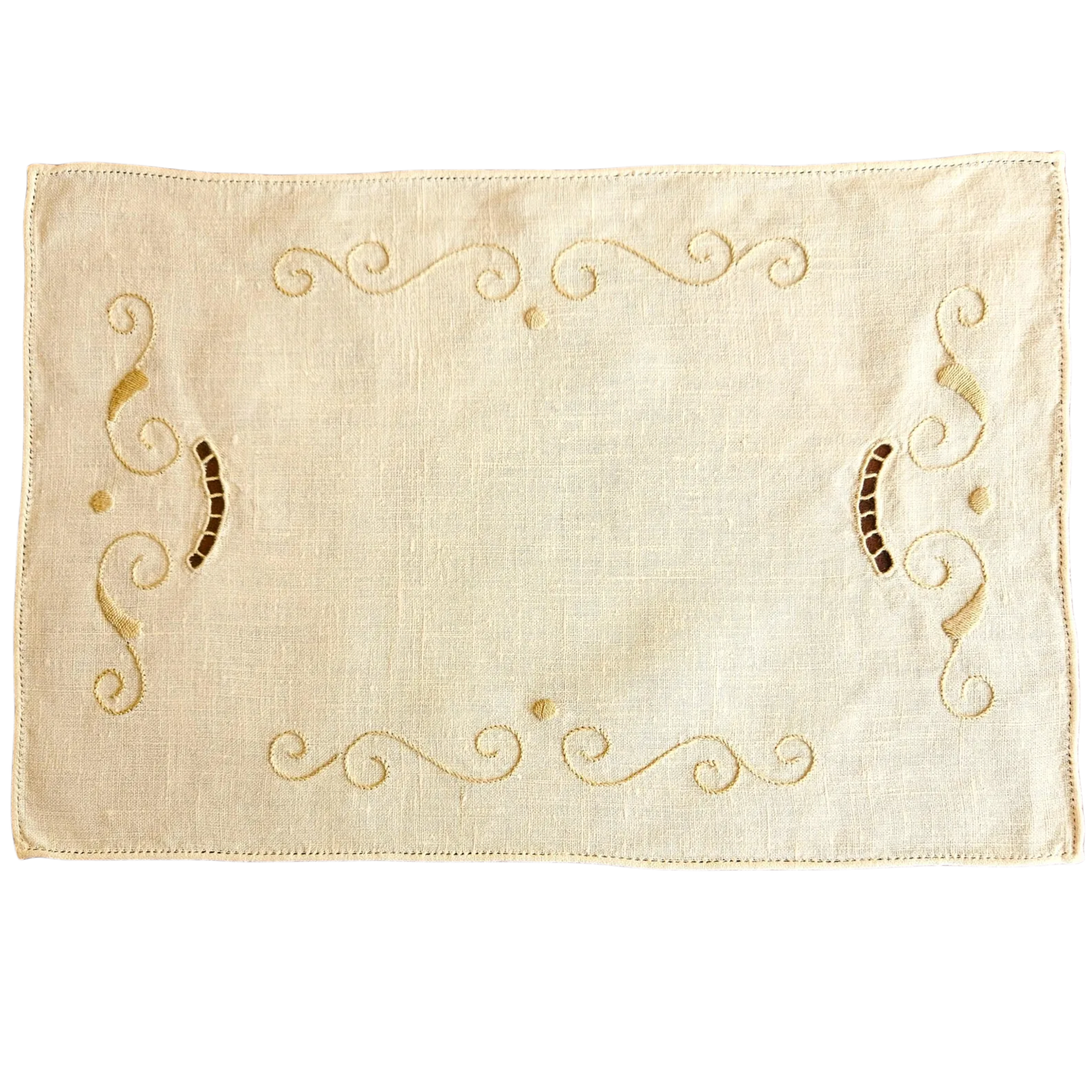 Set of 8 vintage ecru linen placemats, 40×27cm. Hand-embroidered cutwork scrolls, drawn thread hems. Excellent condition. The Home Edit by Boutique Kaotique.
