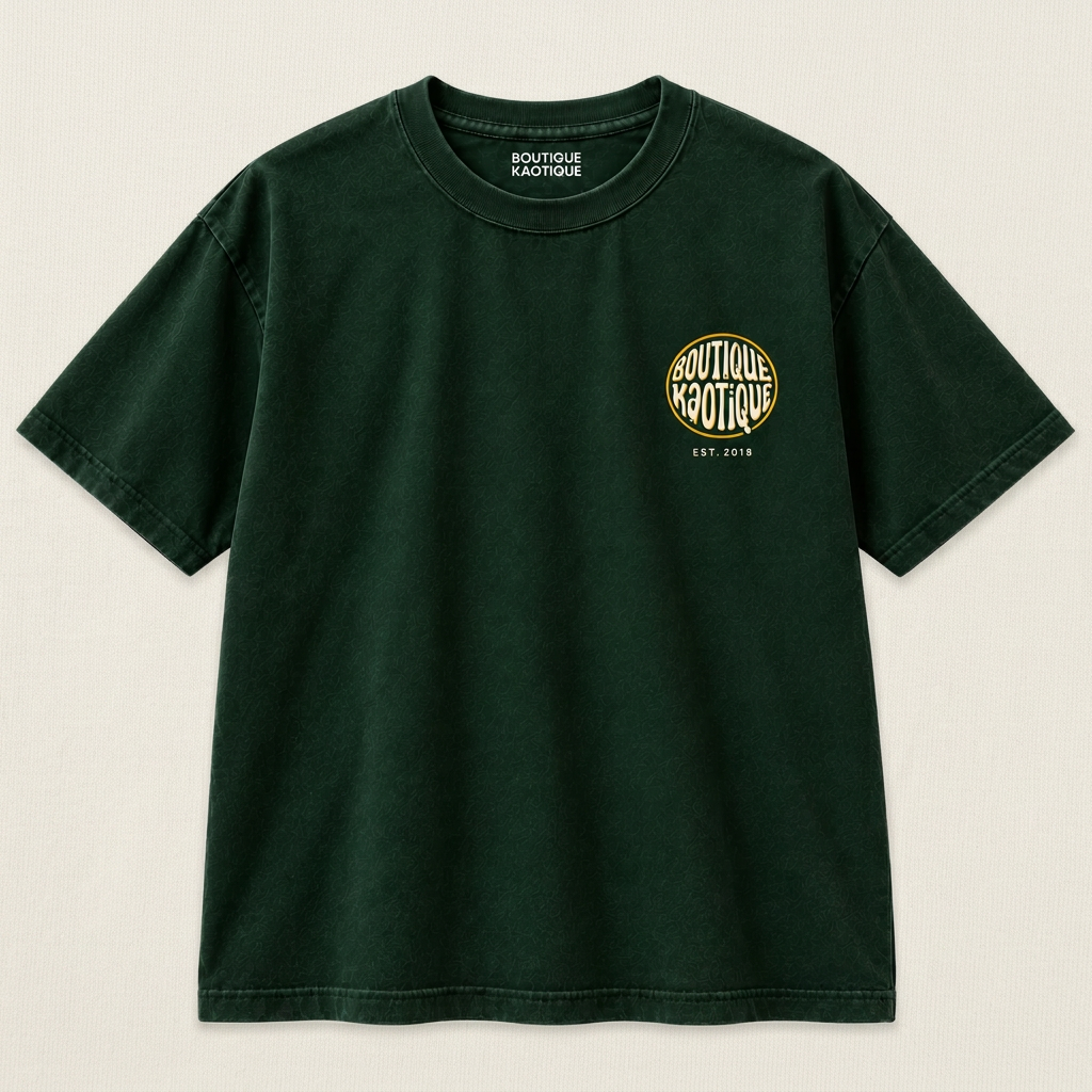 Front: Bottle green organic cotton t-shirt with Boutique Kaotique chest logo, front view
Back (if there’s an “Around The World” print): Around The World graphic on back of bottle green organic cotton t-shirt
Close-up: Boutique Kaotique logo print detail on bottle green washed cotton tee