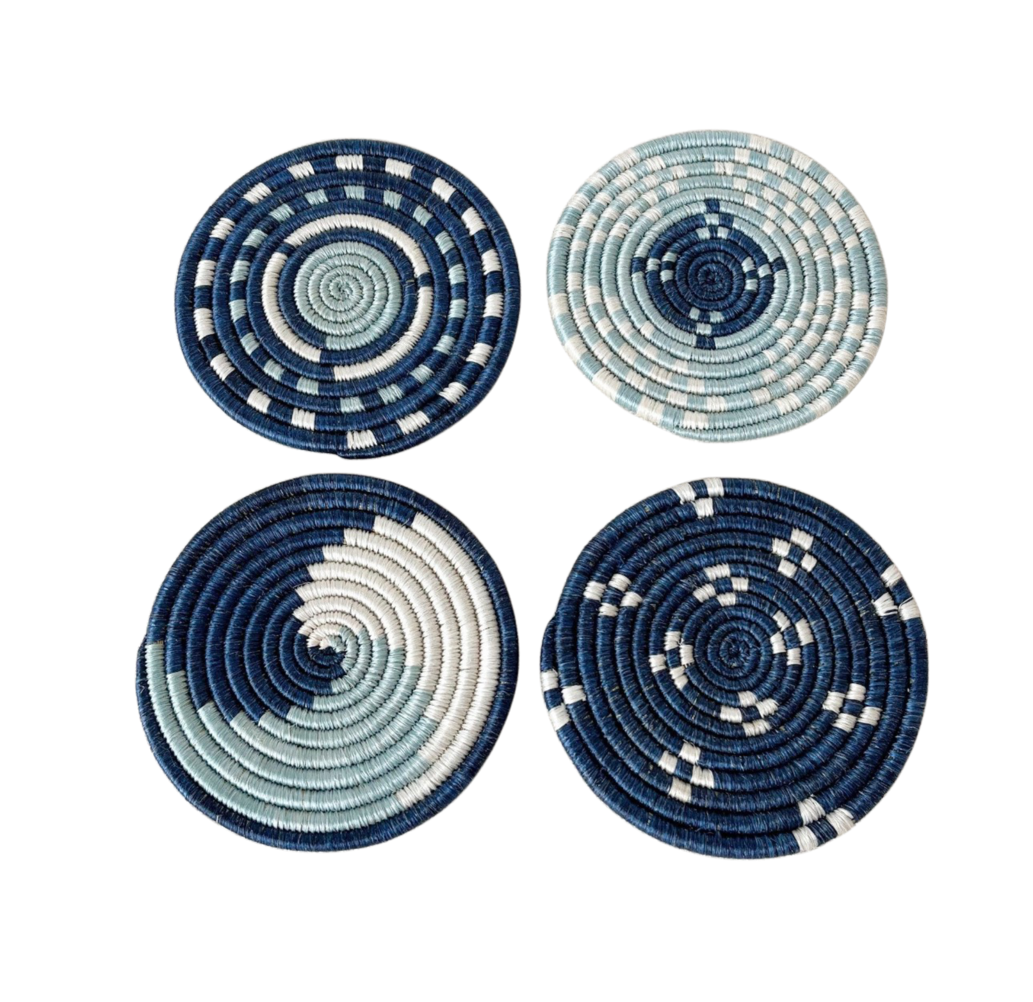 Blue and White Handwoven Sisal & Sweetgrass Coasters Set of 4 