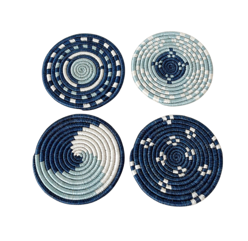 Blue and White Handwoven Sisal & Sweetgrass Coasters Set of 4 