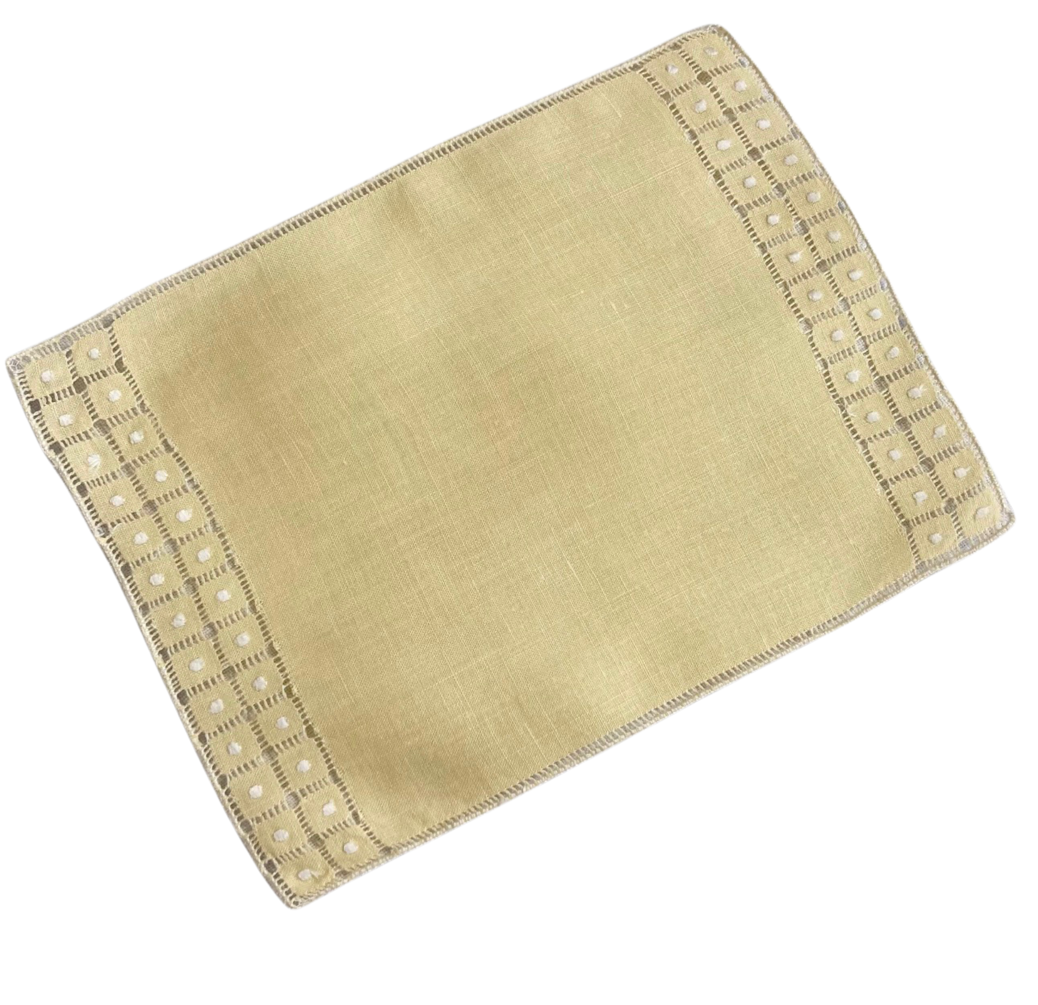 Butter yellow linen cocktail napkins with hand-embroidered drawn-work edges — set of 7, vintage