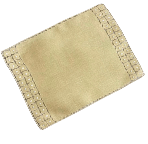 Butter yellow linen cocktail napkins with hand-embroidered drawn-work edges — set of 7, vintage