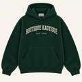 Bottle green hoodie with boutique kaotique on it
