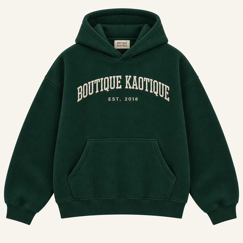 Bottle green hoodie with boutique kaotique on it
