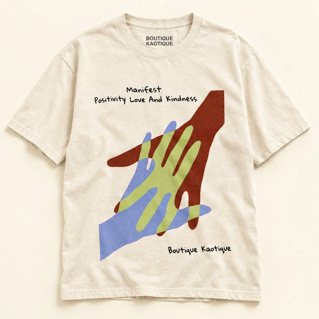 A organic cotton t-shirt with a graphic print of two hands and the text 'Manifest Positivity Love And Kindness'. The brand 'BOKA' is visible at the top. Manifestation affirmation tee — white organic cotton t-shirt with manifestation print, unisex fit, multi-cause charity