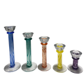 Set of 5 signed Kosta Boda Filippa candlesticks by Kjell Engman. Discontinued. Blue, teal, orange, yellow & purple. Excellent condition. The Home Edit by BoKa.