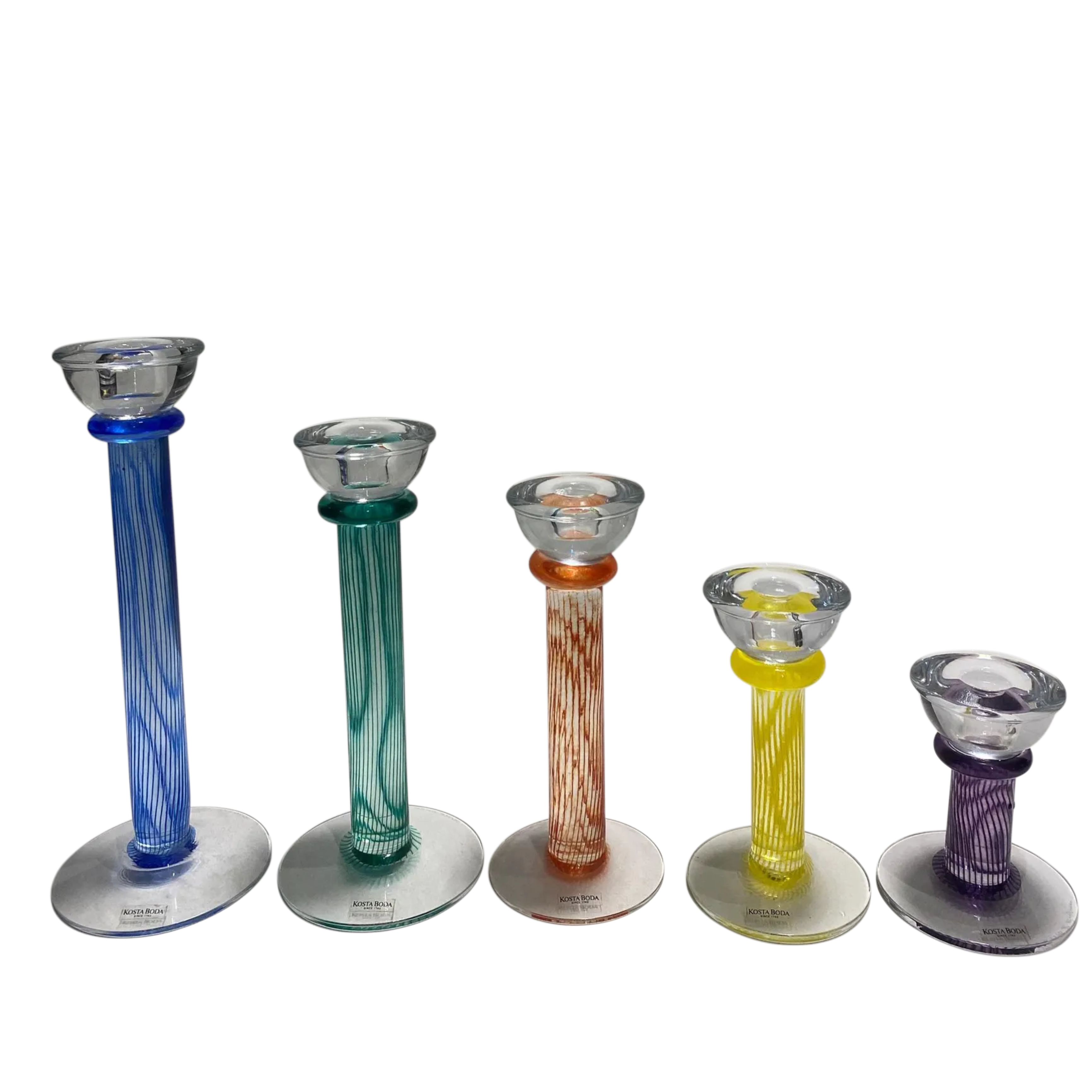 Set of 5 signed Kosta Boda Filippa candlesticks by Kjell Engman. Discontinued. Blue, teal, orange, yellow & purple. Excellent condition. The Home Edit by BoKa.