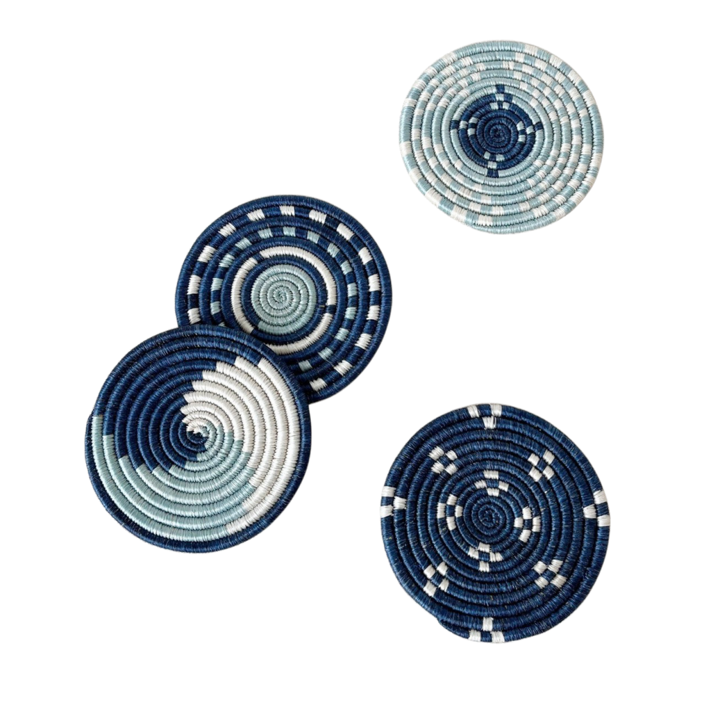 Blue and White Handwoven Sisal & Sweetgrass Coasters Set of 4 