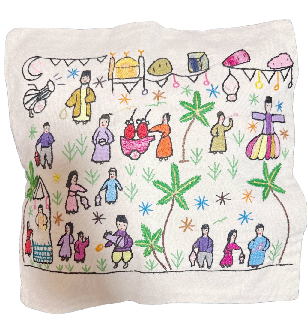 Handembroidered Cotton Canvas Cushion Cover — Folk Village Scene | Egypt