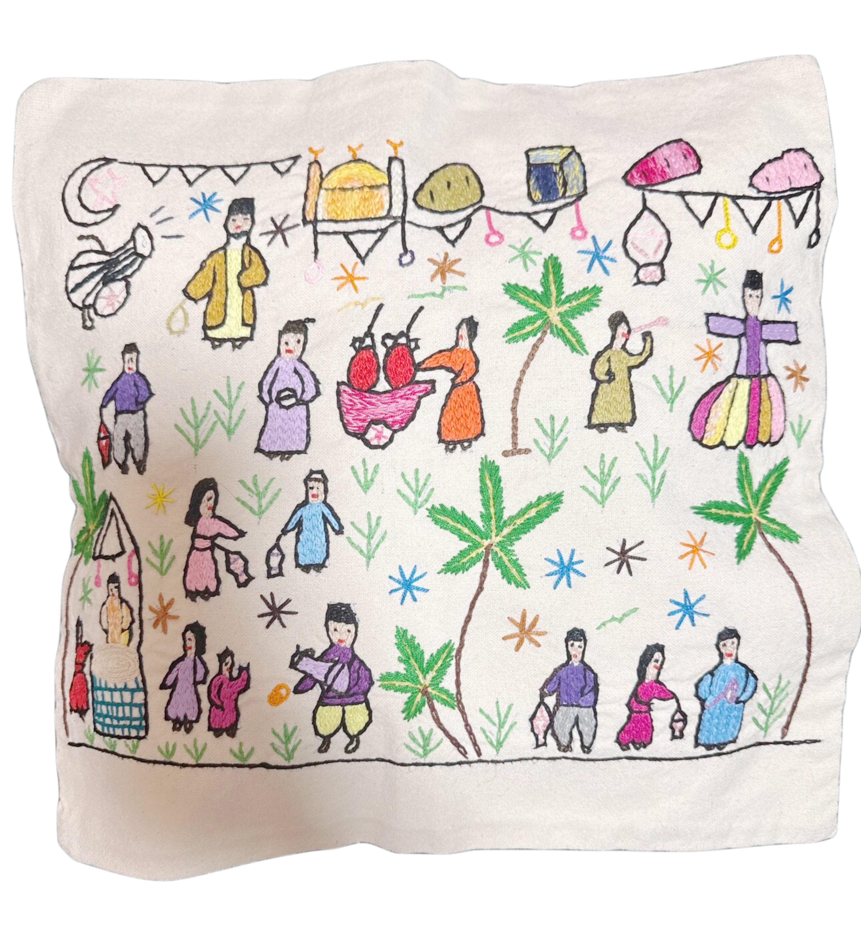Handembroidered Cotton Canvas Cushion Cover — Folk Village Scene | Egypt