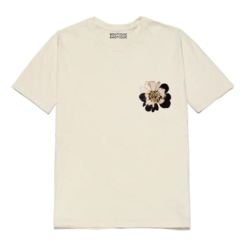 White t-shirt with a black and gold graphic design on a white background. Whitet-shirt with floral design and 'Boutique Kaotique' text on a white background. Floral Mind Map affirmation tee — white organic cotton t-shirt with floral illustration, unisex fit, mental health charity