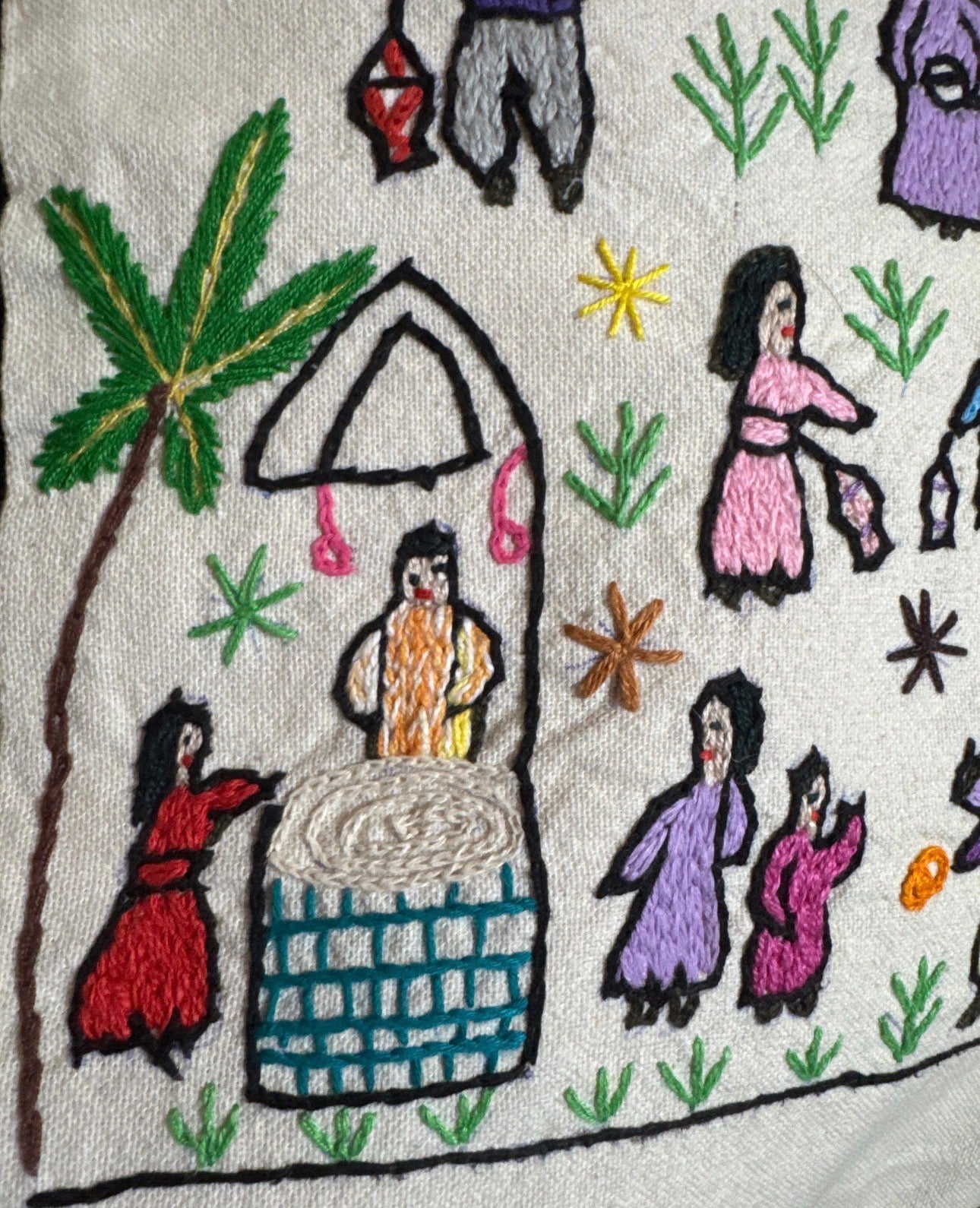 Handembroidered Cotton Canvas Cushion Cover — Folk Village Scene | Egypt