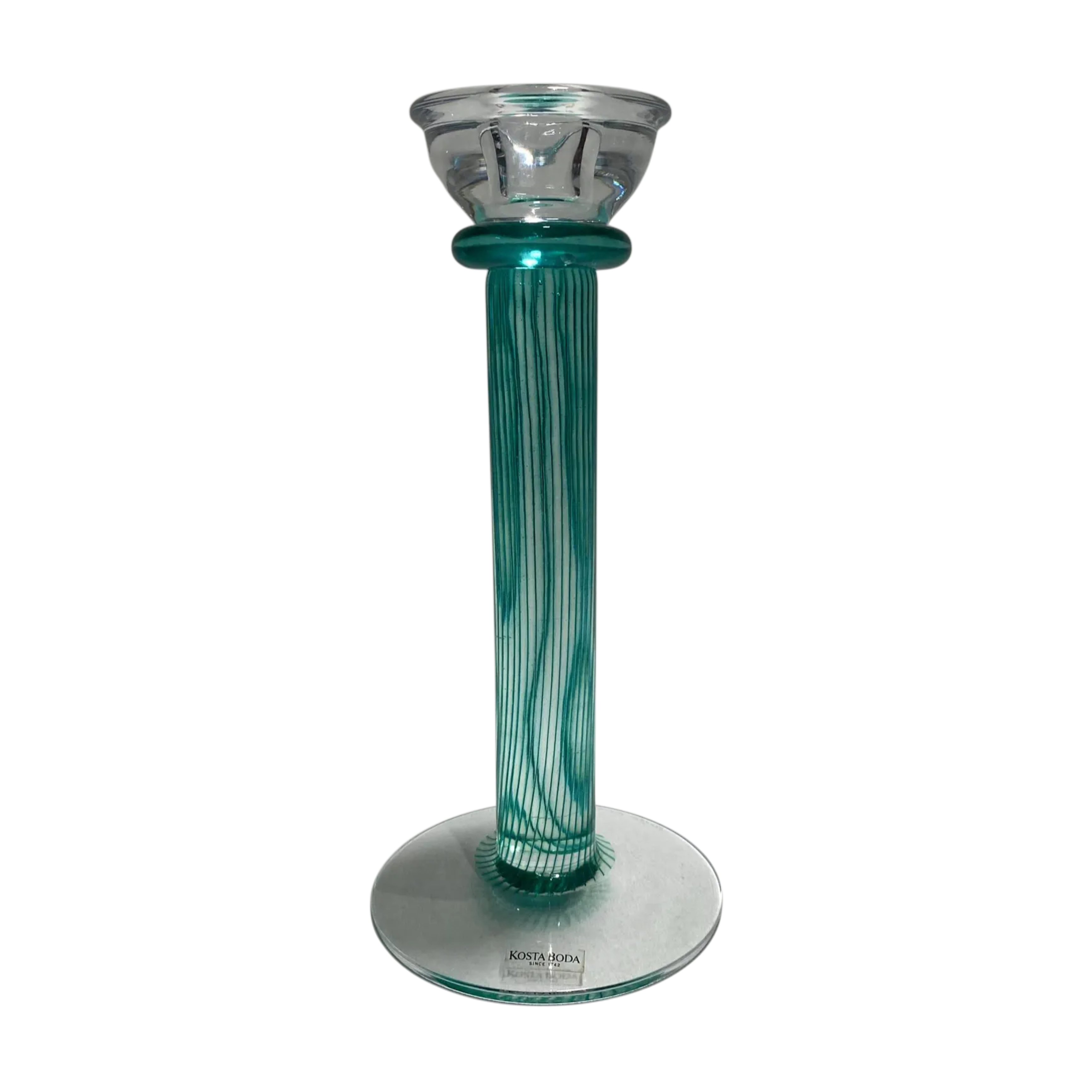 Set of 5 signed Kosta Boda Filippa candlesticks by Kjell Engman. Discontinued. Blue, teal, orange, yellow & purple. Excellent condition. The Home Edit by BoKa.