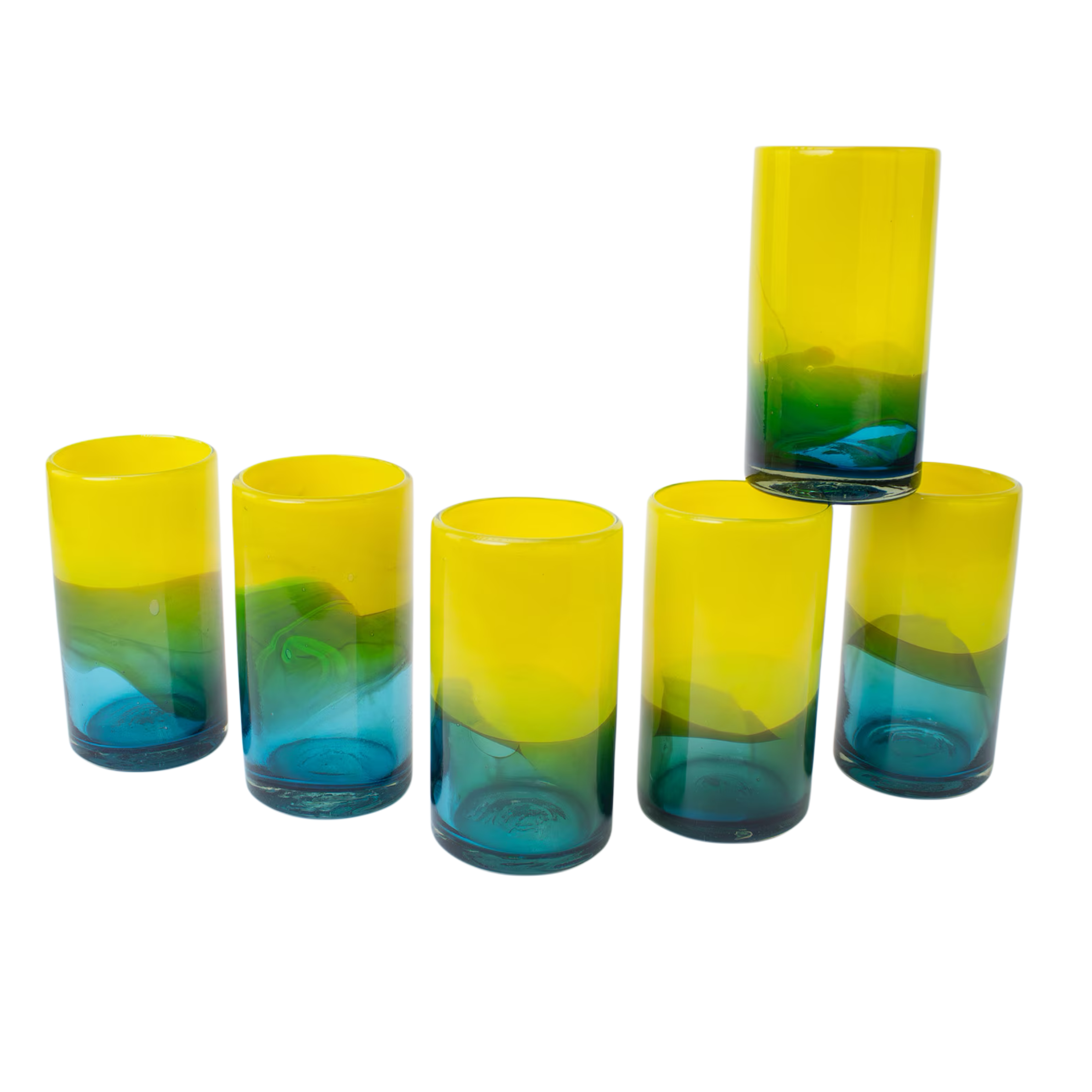 Recycled Glass Tumblers | Lemon & Aqua Hand-Blown | Mexican Artisan Glassware | Set of 6