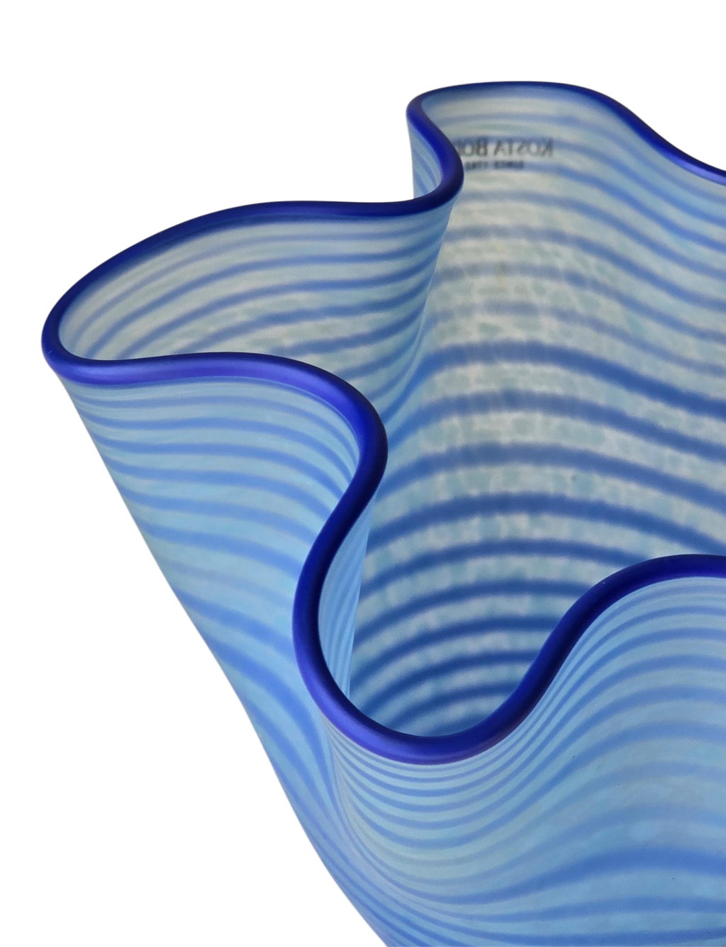 Vintage 1990s Kosta Boda Carmen vase model 49941 by Ulrica Hydman-Vallien, hand-blown Swedish art glass in blue and white with scalloped handkerchief form, Boutique Kaotique Home Edit