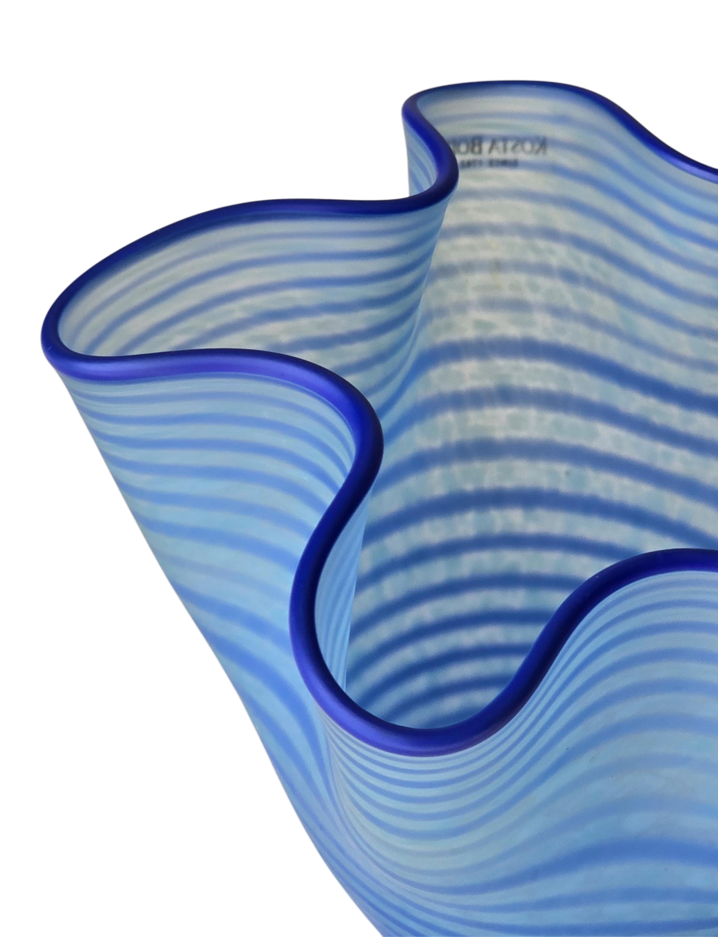 Vintage 1990s Kosta Boda Carmen vase model 49941 by Ulrica Hydman-Vallien, hand-blown Swedish art glass in blue and white with scalloped handkerchief form, Boutique Kaotique Home Edit
