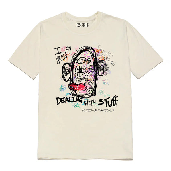 t-shirt with a graphic design and text on a white background. I Am Just Dealing With Stuff tee — white organic cotton t-shirt with hand-drawn print, unisex fit, mental health charity tee