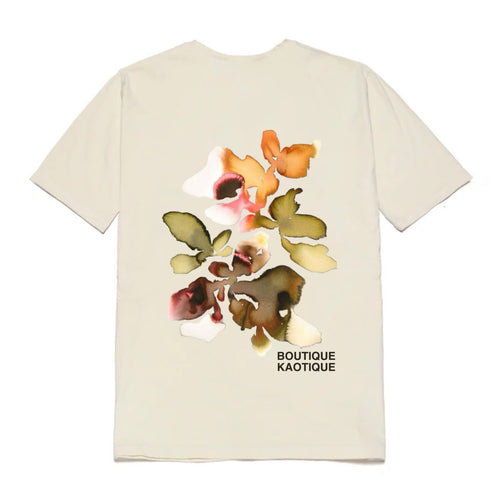 Whitet-shirt with floral design and 'Boutique Kaotique' text on a white background. Floral Mind Map affirmation tee — white organic cotton t-shirt with floral illustration, unisex fit, mental health charity
