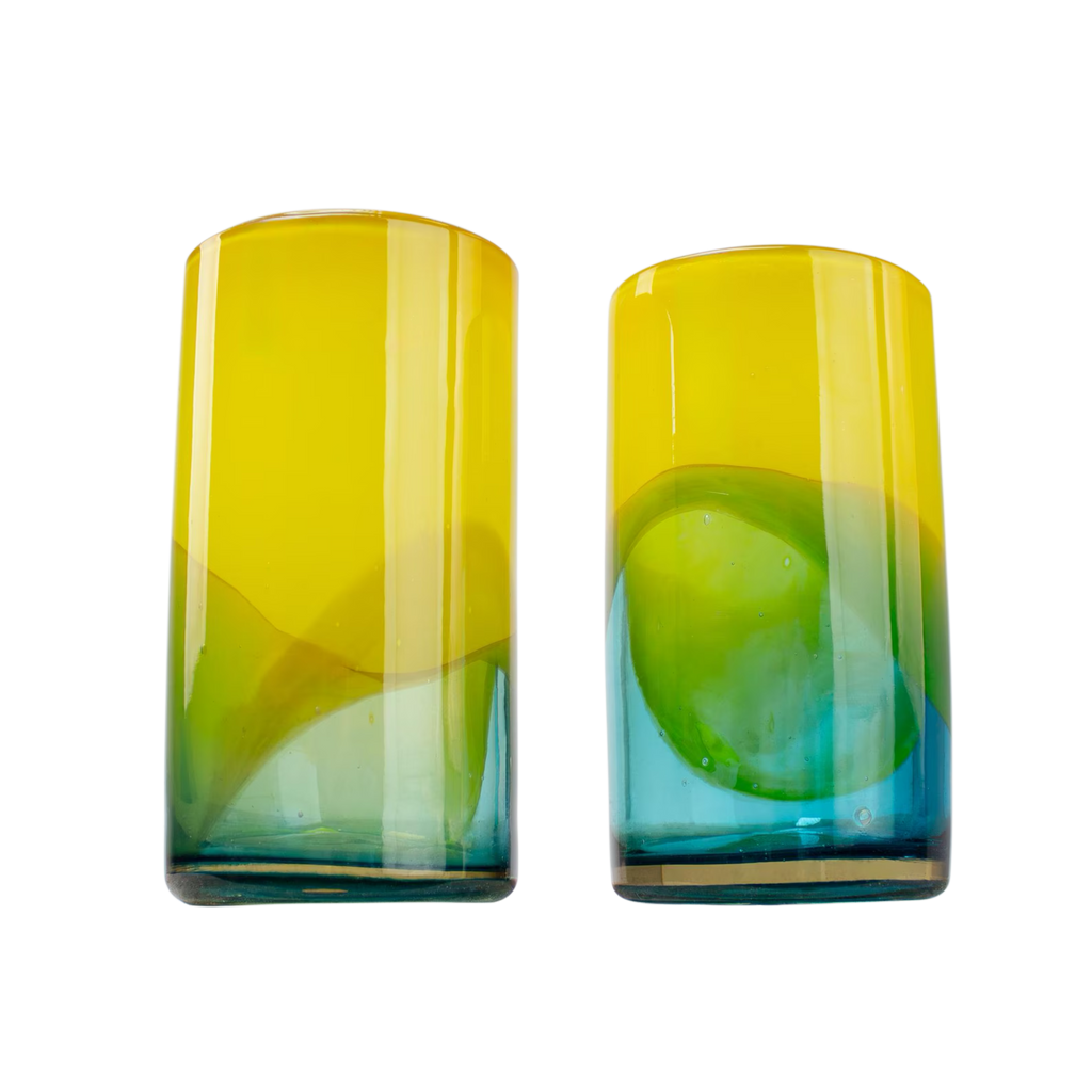 Recycled Glass Tumblers | Lemon & Aqua Hand-Blown | Mexican Artisan Glassware | Set of 6