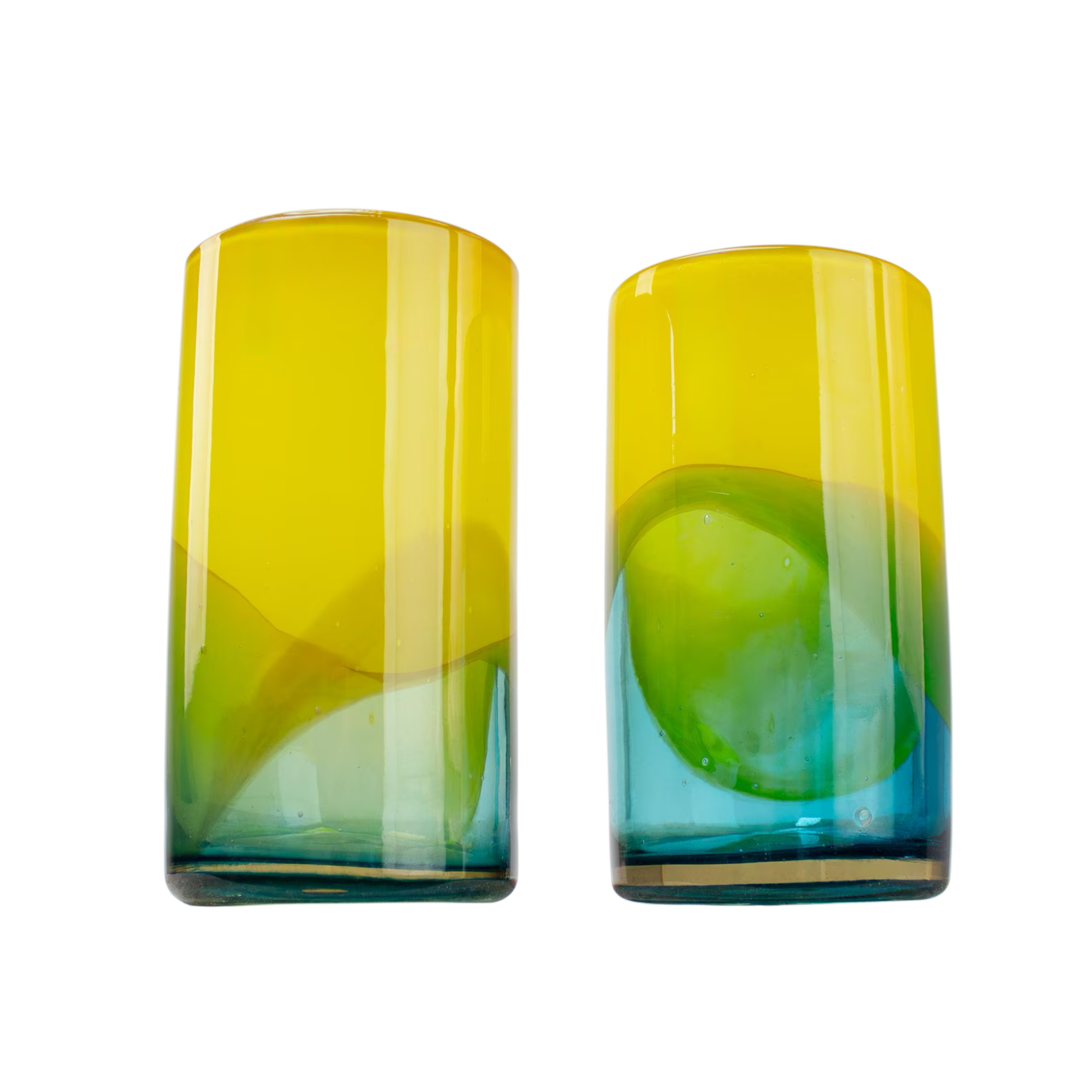 Recycled Glass Tumblers | Lemon & Aqua Hand-Blown | Mexican Artisan Glassware | Set of 6