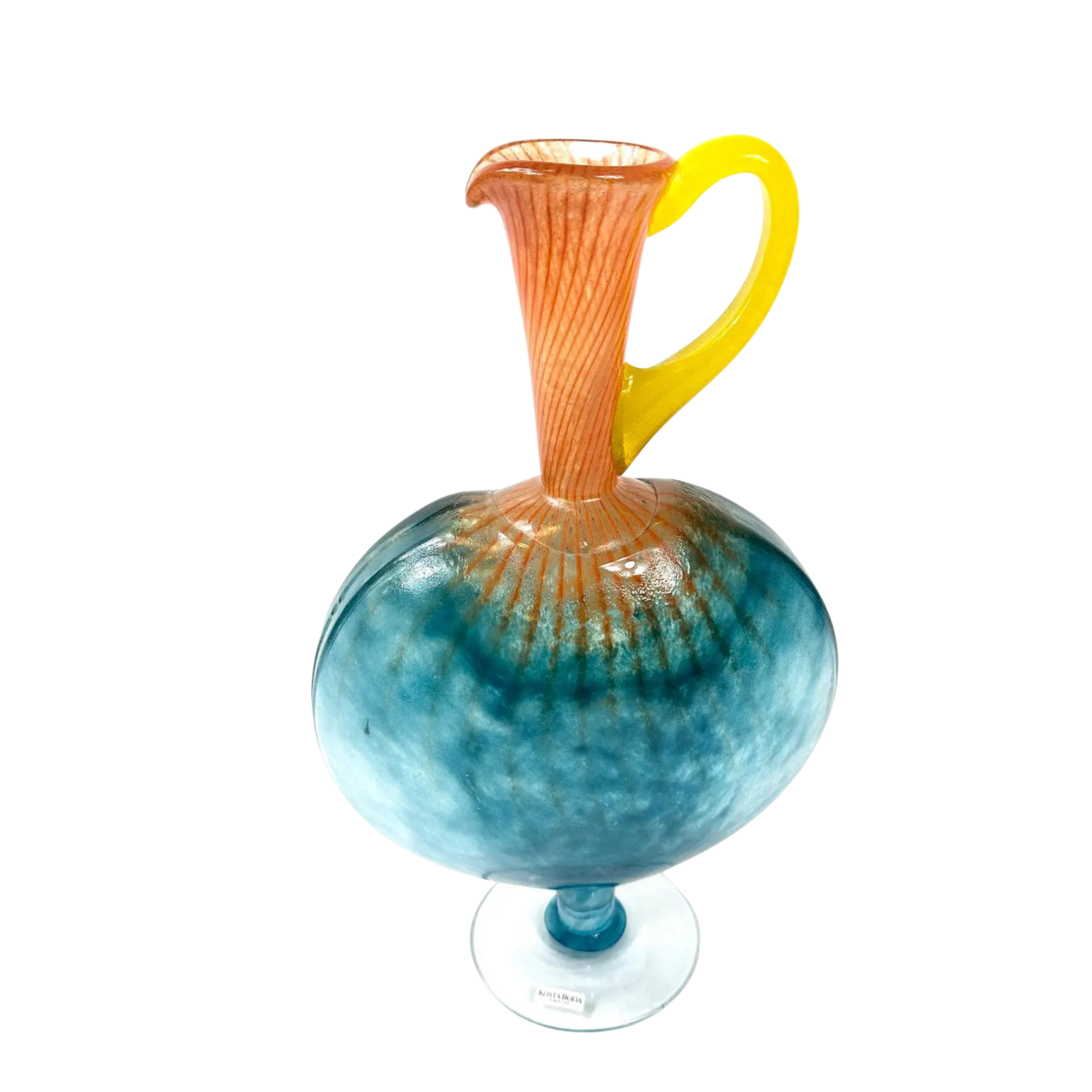 Colorful glass pitcher with a blue base and yellow handle on a white background