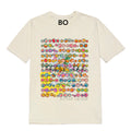 A organic cotton t-shirt with a colorful abstract pattern design on the front. Happy Happy affirmation tee — white organic cotton t-shirt with cheerful print, unisex fit, multi-cause charity tee