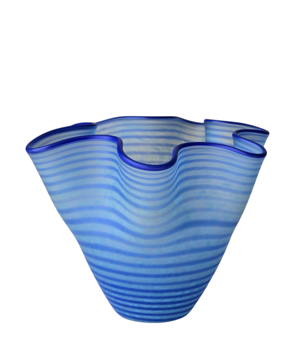 Vintage 1990s Kosta Boda Carmen vase model 49941 by Ulrica Hydman-Vallien, hand-blown Swedish art glass in blue and white with scalloped handkerchief form, Boutique Kaotique Home Edit