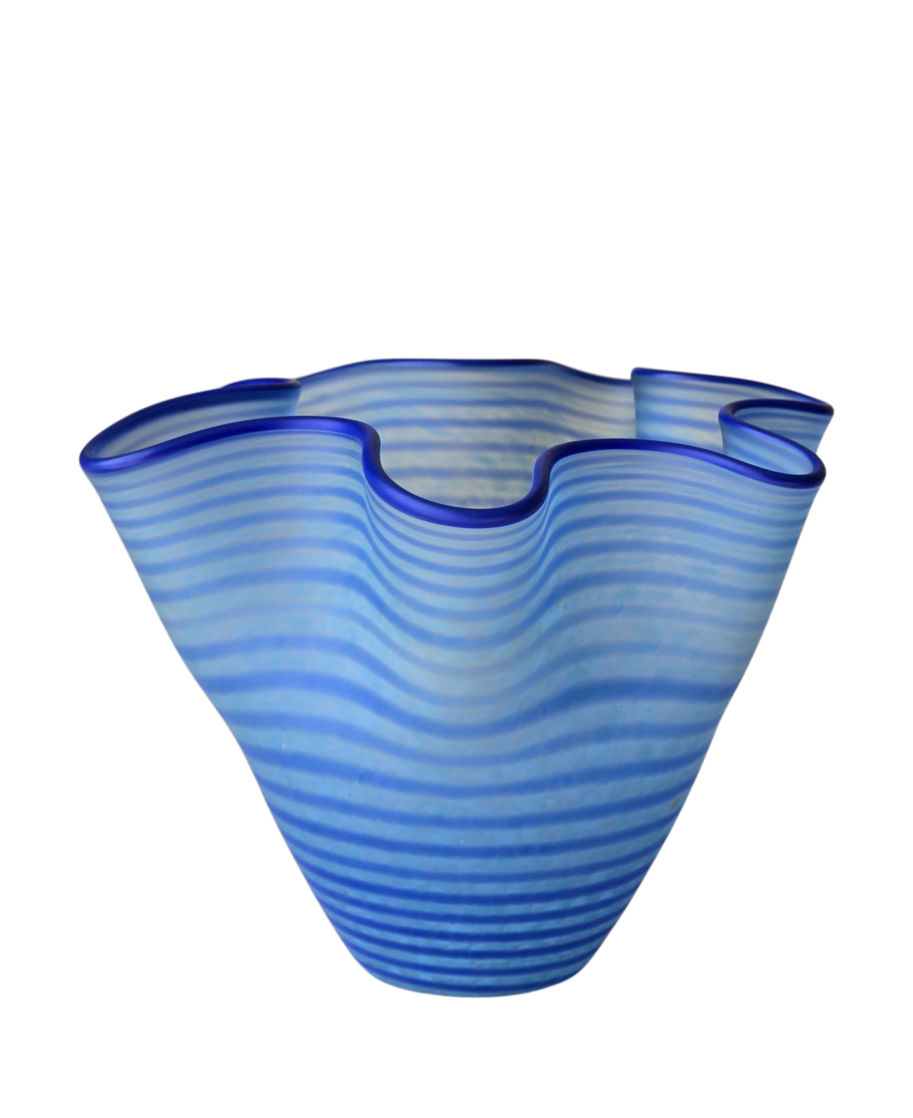 Vintage 1990s Kosta Boda Carmen vase model 49941 by Ulrica Hydman-Vallien, hand-blown Swedish art glass in blue and white with scalloped handkerchief form, Boutique Kaotique Home Edit