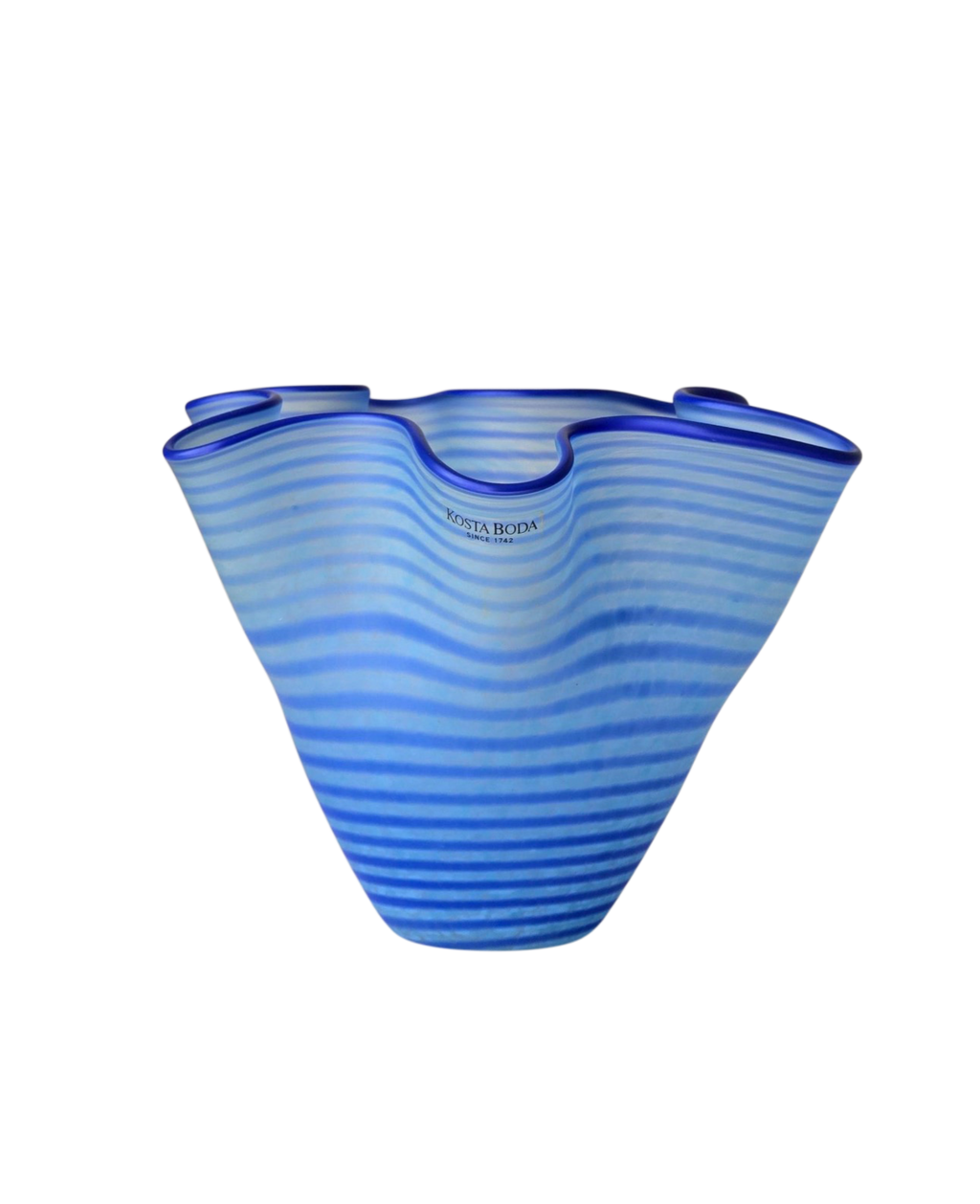 Vintage 1990s Kosta Boda Carmen vase model 49941 by Ulrica Hydman-Vallien, hand-blown Swedish art glass in blue and white with scalloped handkerchief form, Boutique Kaotique Home Edit