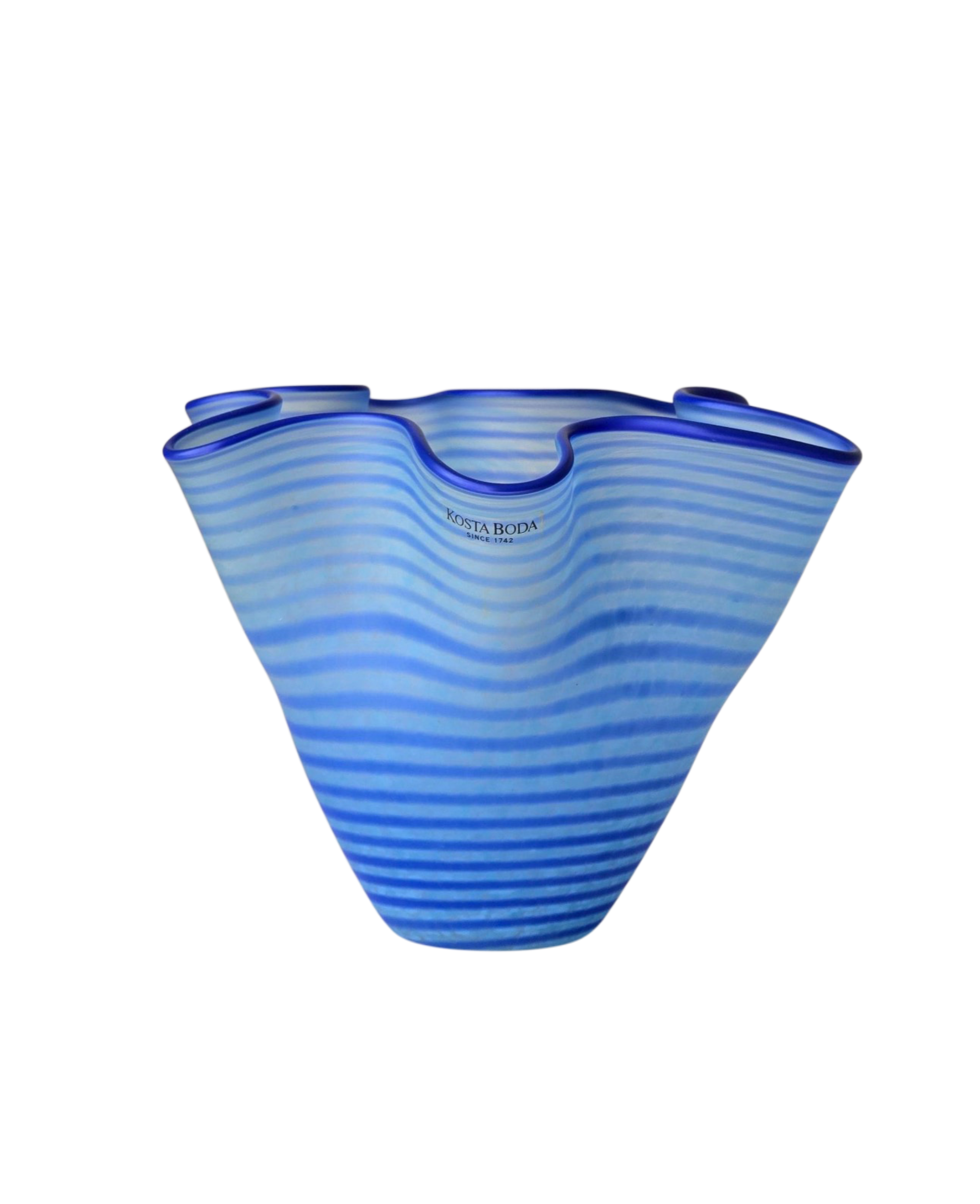 Vintage 1990s Kosta Boda Carmen vase model 49941 by Ulrica Hydman-Vallien, hand-blown Swedish art glass in blue and white with scalloped handkerchief form, Boutique Kaotique Home Edit