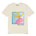 T-shirt with a colorful graphic of a person with antlers and a pink dress on a white background. Wearing All My Hats affirmation tee — white organic cotton t-shirt with playful print, unisex fit, gender equality charity