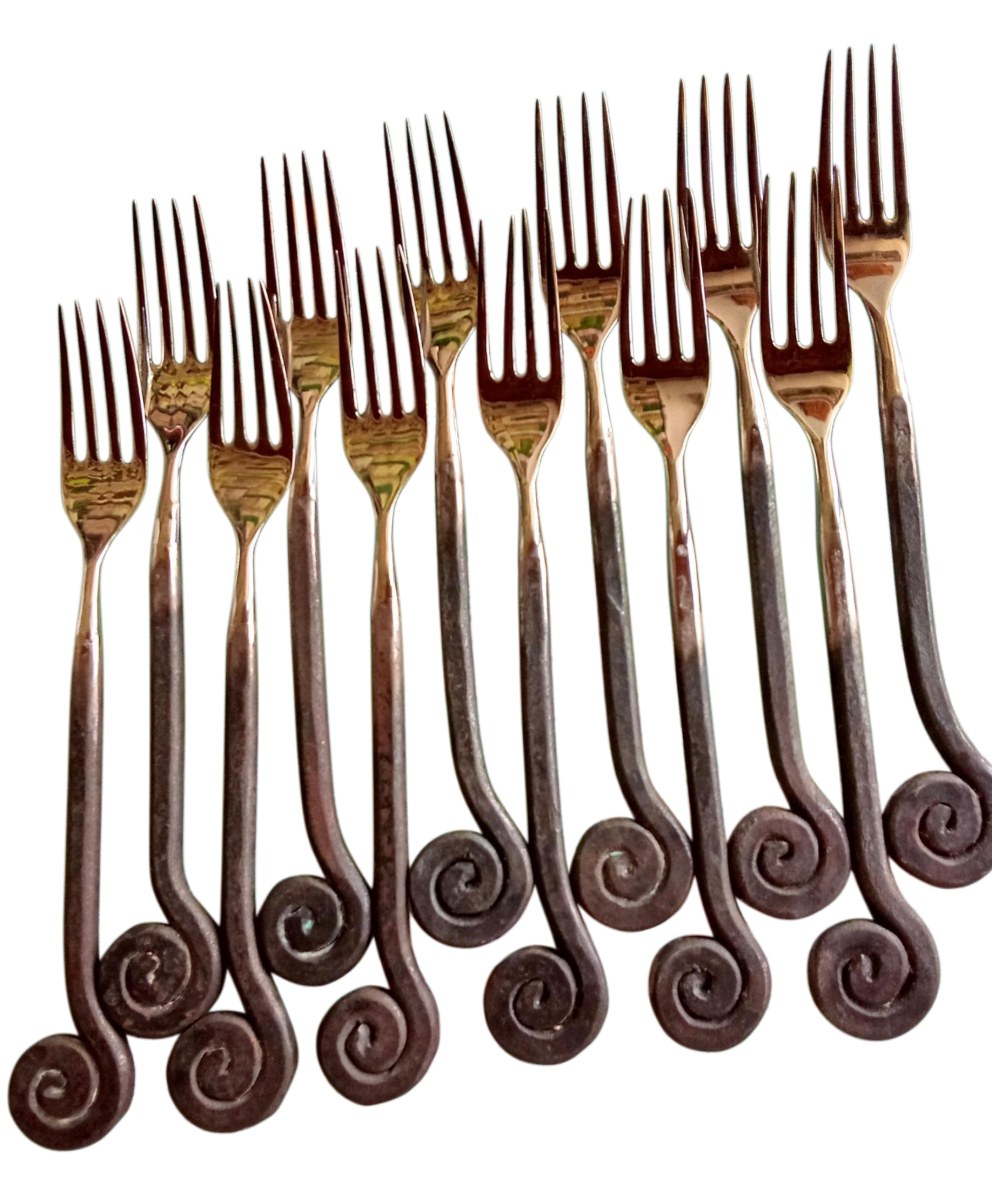 Set of decorative forks with spiral handles on a white background
