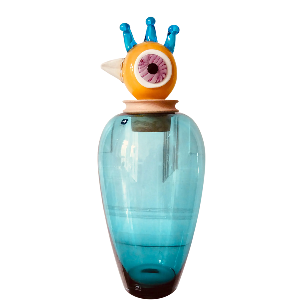 Leonardo 'Papageno Peppe' hand-blown glass sculpture, 45cm. Teal vase, amber bird head stopper with eye murrine & cobalt crown. Perfect condition. The Home Edit.