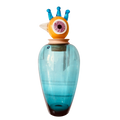 Leonardo 'Papageno Peppe' hand-blown glass sculpture, 45cm. Teal vase, amber bird head stopper with eye murrine & cobalt crown. Perfect condition. The Home Edit.