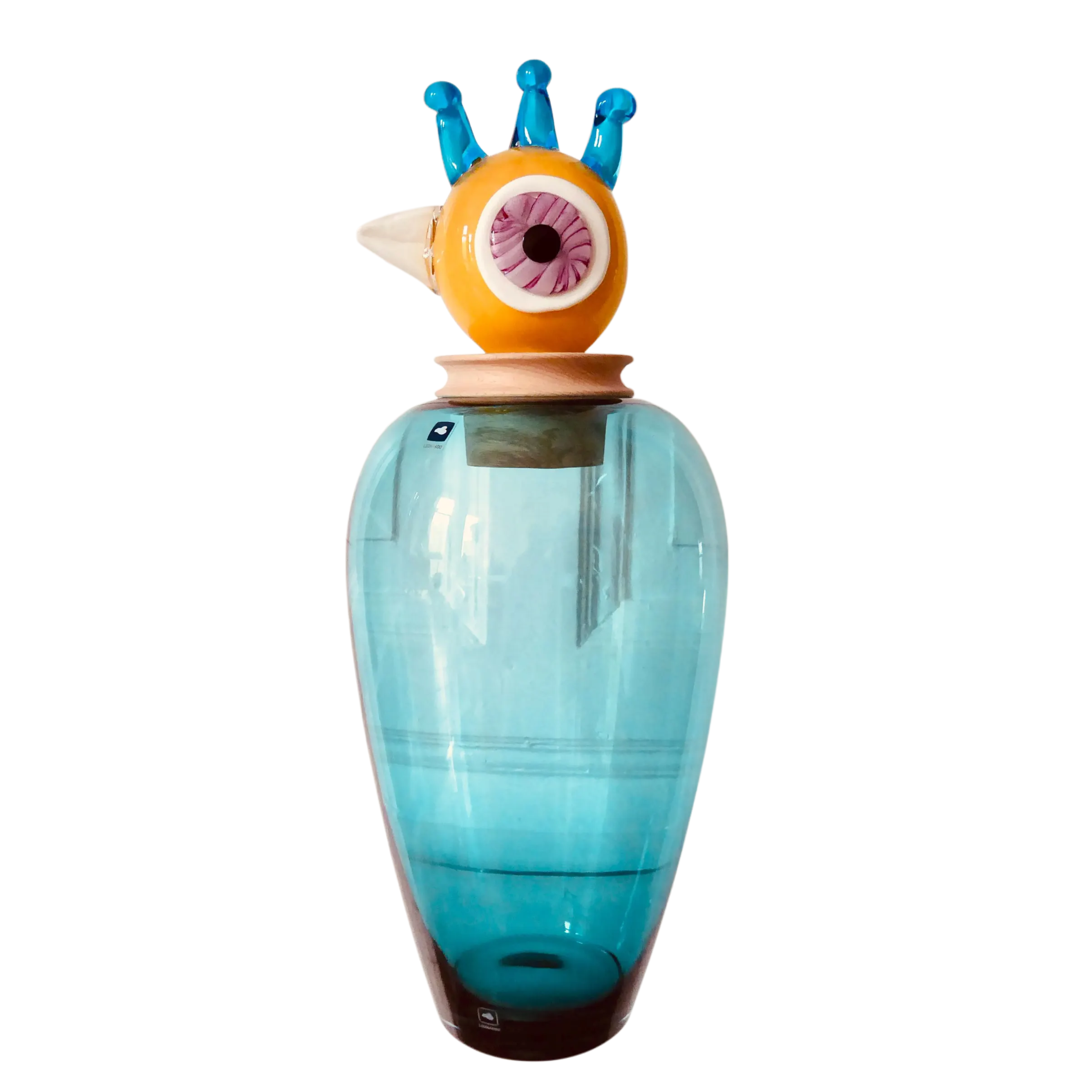 Leonardo 'Papageno Peppe' hand-blown glass sculpture, 45cm. Teal vase, amber bird head stopper with eye murrine & cobalt crown. Perfect condition. The Home Edit.