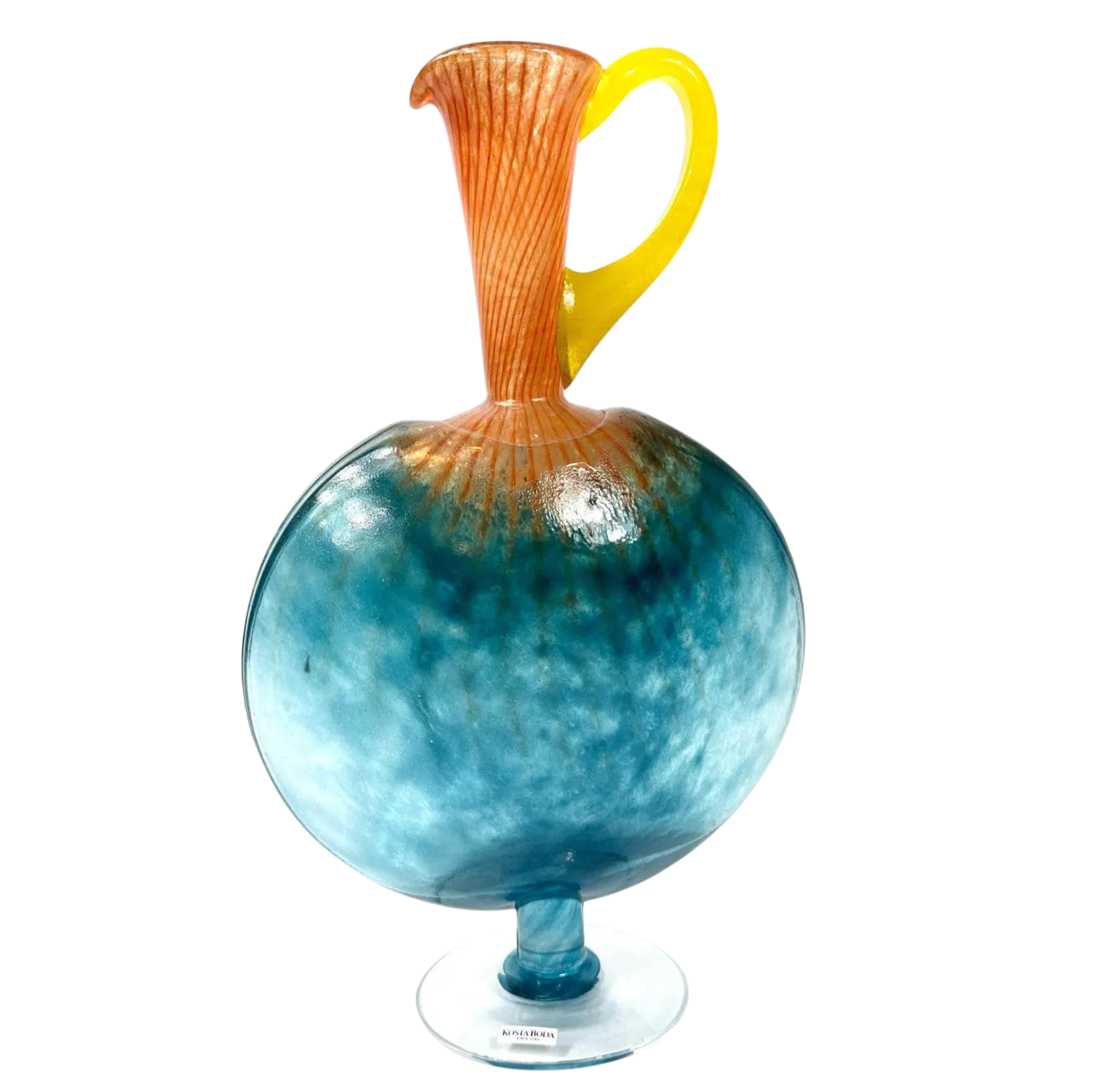 Decorative glass vase with a blue base, orange neck, and yellow handle on a white background