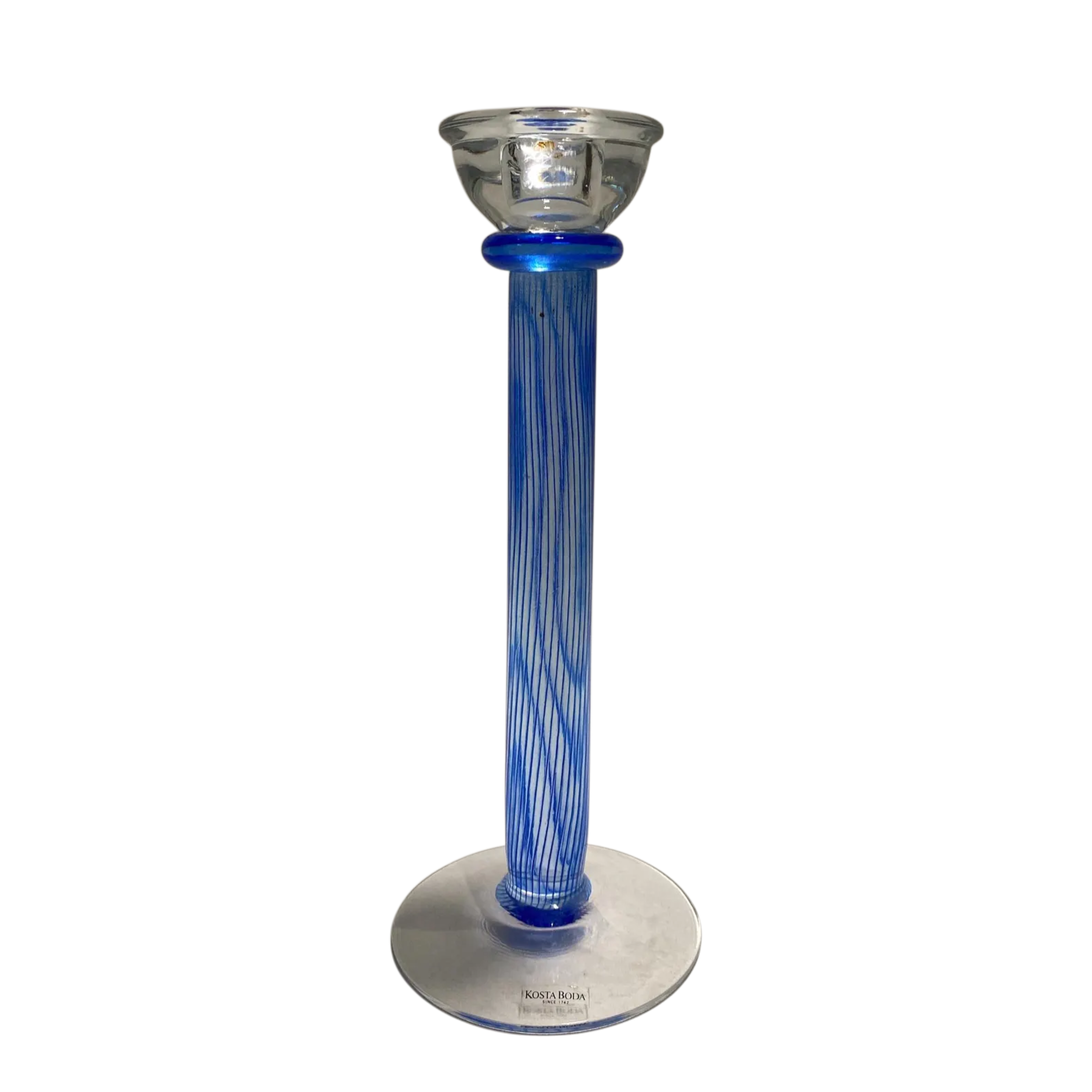 Set of 5 signed Kosta Boda Filippa candlesticks by Kjell Engman. Discontinued. Blue, teal, orange, yellow & purple. Excellent condition. The Home Edit by BoKa.