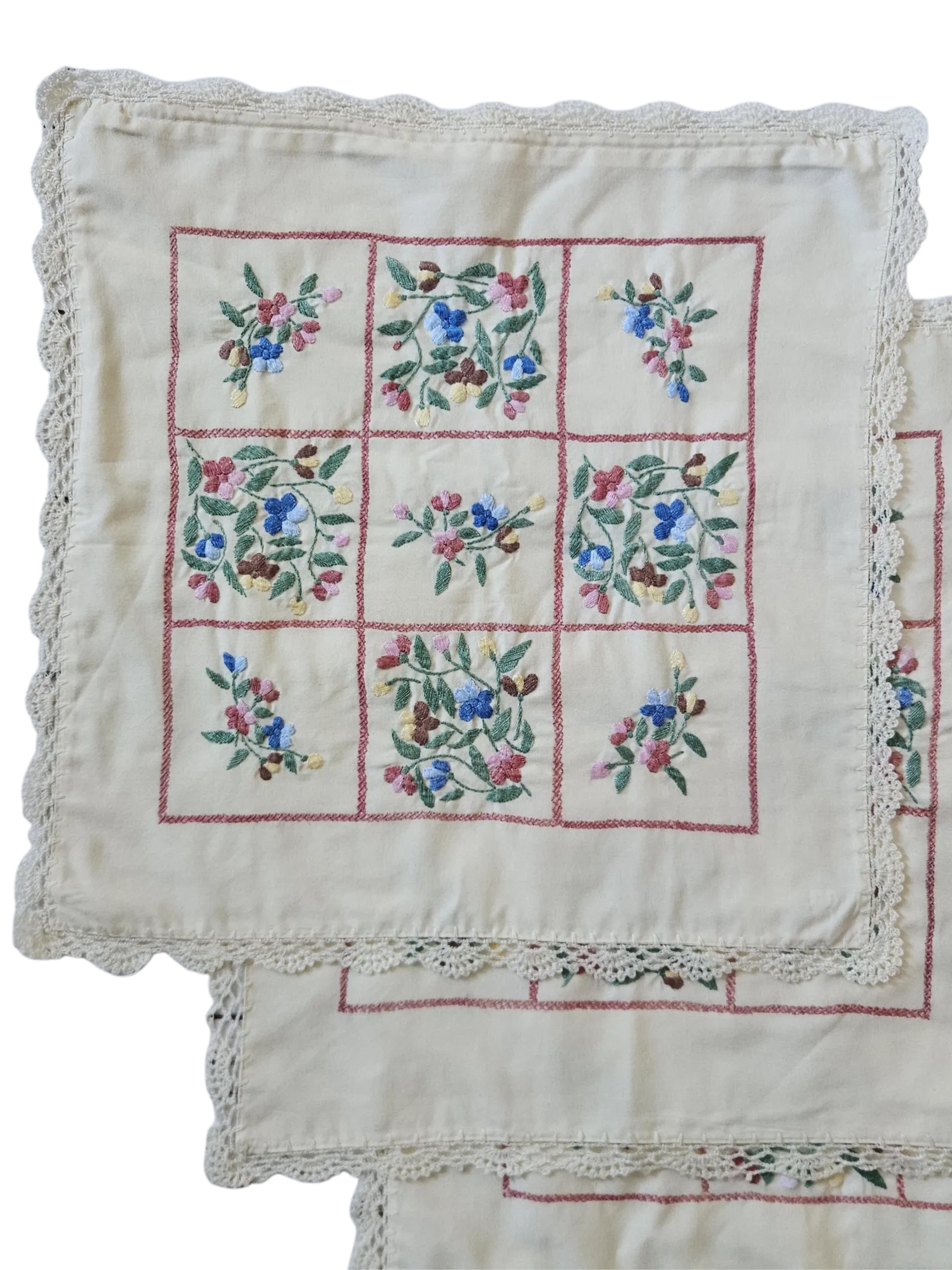 Set of 4 vintage cotton cushion covers, 37.5cm. Hand-embroidered floral grid, crochet lace trim, zip closure. One-of-a-kind set. The Home Edit by Boutique Kaotique.