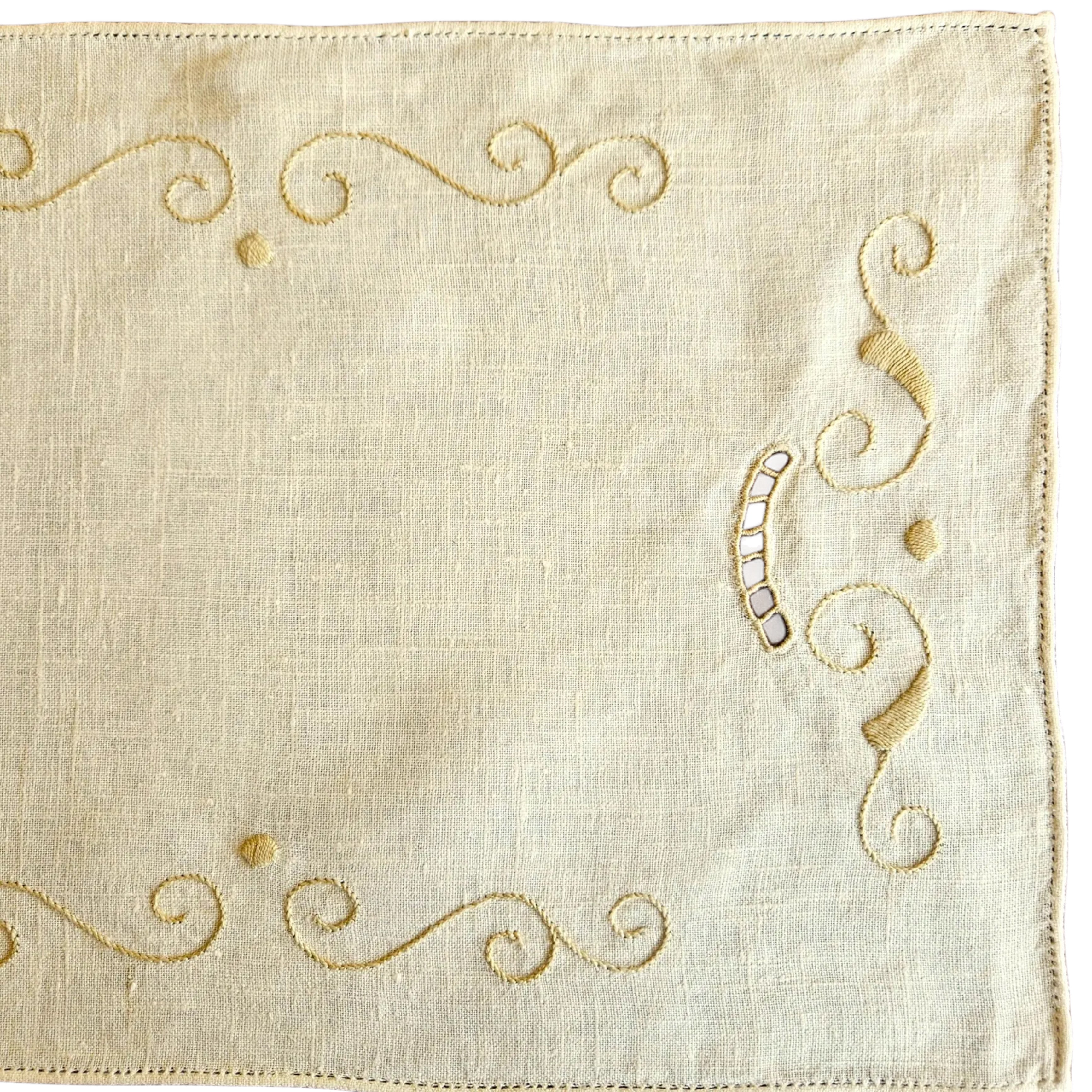Set of 8 vintage ecru linen placemats, 40×27cm. Hand-embroidered cutwork scrolls, drawn thread hems. Excellent condition. The Home Edit by Boutique Kaotique.